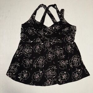 Torrid Tank Top Black Floral Print Babydoll Criss Cross Double Strap Plus Sz 3X